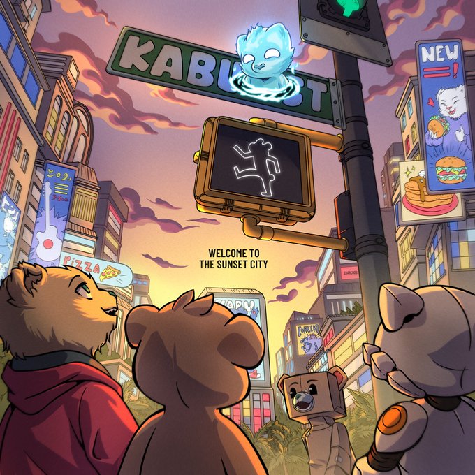 Four anthropomorphic characters stand before a vibrant "KABUMI" sign featuring a glowing cat mascot, overlooking "Sunset City" with its bustling neon advertisements for pizza, burgers, and other attractions. The richly detailed cityscape showcases intricate street-level signage, a pedestrian crosswalk signal, and warm sunset hues — exemplifying the artistry highlighted in the post about @kabuxyz's exceptional detail work.