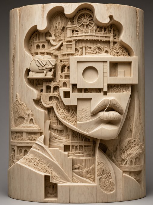 A cylindrical wooden sculpture featuring an intricately carved surreal figure with geometric visor-like eyes, full lips, and architectural cityscape patterns emerging from its form, set against an ornate carved background of buildings and machinery. The piece embodies the post's theme of creative evolution, mirroring how GMGN's signal evolves through layered complexity—merging mechanical precision with organic artistry, much like R3ORDR's vision of creativity as a living, evolving force.