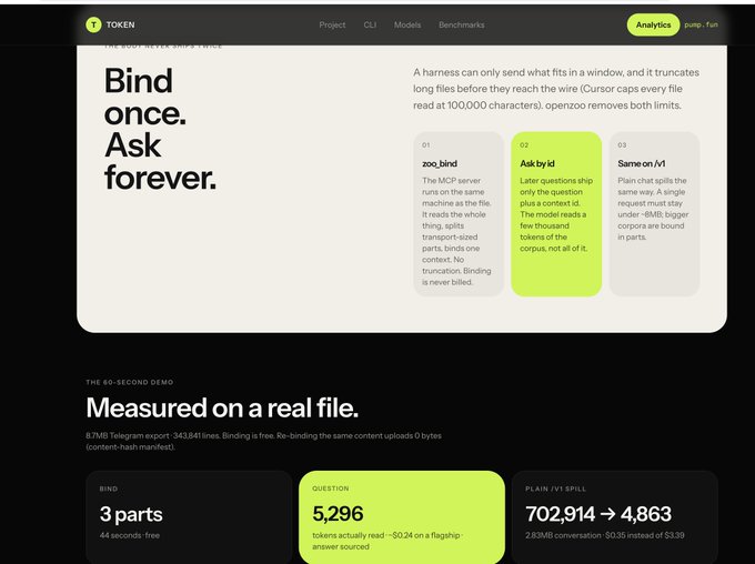 Screenshot of a website for 'TOKEN' (likely OpenAI's tokenizer) explaining how chat harnesses work, with the tagline 'Bind once. Ask forever.' and a 60-second demo showing a 8.7MB Telegram export bound in 3 parts.