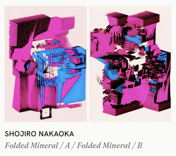 Artwork displayed in two panels labeled 'SHOJIRO NAKAOKA - Folded Mineral / A / Folded Mineral / B', featuring abstract geometric shapes in vibrant pink, blue, and black.