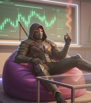 A digital illustration of a hooded, masked figure in tactical armor sitting on a purple beanbag chair smoking, with a green trading chart displayed on a screen in the background.