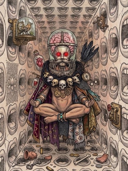 A surreal, detailed illustration depicts a cyborg-like figure with an exposed brain sitting cross-legged in a room with walls covered in repeating face shapes.