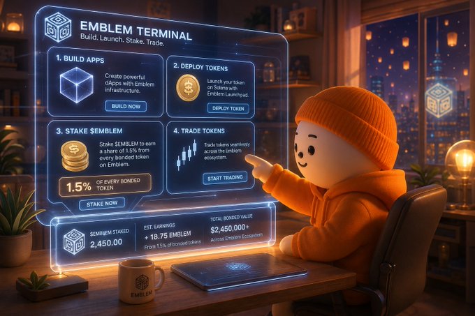 An illustrated 'Emblem Terminal' interface showing four functions (Build Apps, Deploy Tokens, Stake $Emblem at 1.5%, Trade Tokens), with a cartoon character in an orange beanie interacting with the holographic menu.