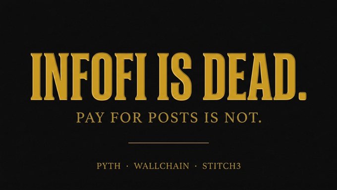 The image features a poster that reads "InfoFi is dead. Pay for posts is not." The poster has yellow text against a black background, making it stand out. It appears to be an advertisement or message related to information technology or social media platforms.