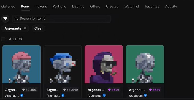An NFT marketplace interface showing 'Items' filtered for 'Argonauts' collection, displaying 4 pixel art astronaut NFT items with their respective prices (2,591, 5,049, 316, 820).