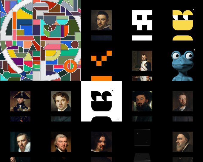 A collage featuring colorful abstract geometric patterns, classical portrait paintings, pixel art shapes, a blue cartoon frog, and stylized black-and-white logos on a dark background.