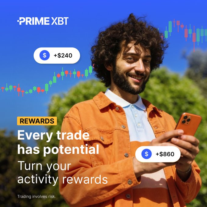 The image is a PrimeXBT promotional graphic featuring a smiling man with curly hair in an orange shirt looking at his phone, with a stock chart and "+$240" and "+$860" reward callouts. The text reads "REWARDS: Every trade has potential - Turn your activity rewards," aligning with the post's message about multi-tier referral payouts that let traders expand their earnings with each new referral.