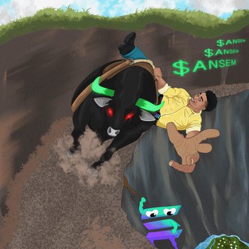 A fan art illustration depicts a character with a black bull mask and green harness reaching down to pull a shirtless figure up a cliff, while "$ANSEM" text appears in green in the upper right and a small cartoon character watches from below—visually representing the post's metaphor of Ansem helping lift up another community member into the $ANSEM airdrop.