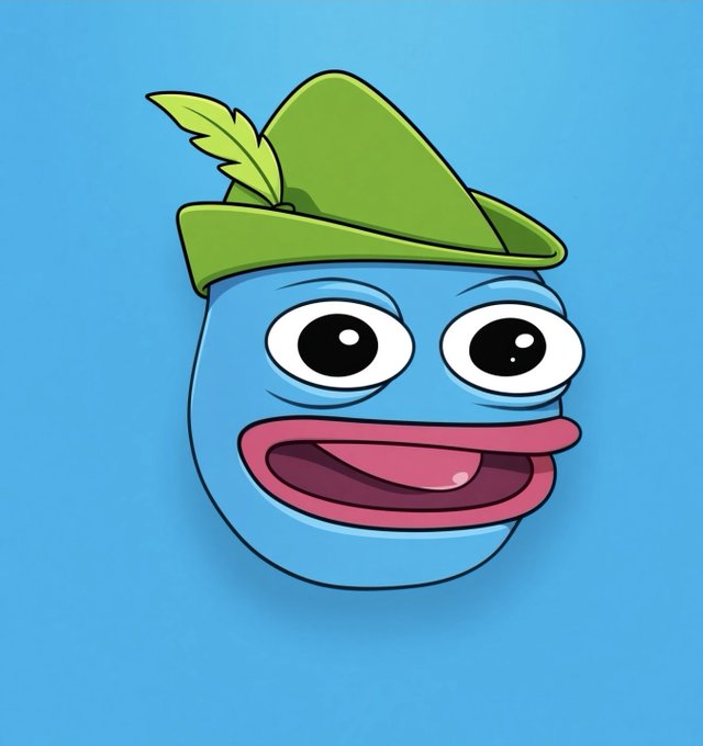 A cartoon illustration of a blue face character with large eyes, an open mouth, and a green Robin Hood-style hat with a feather, set against a blue background.