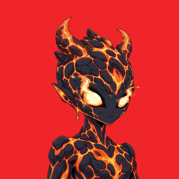 An anime-style illustration of a demon-like character with dark skin, horns, and glowing orange lava-like cracks across its body, set against a red background.