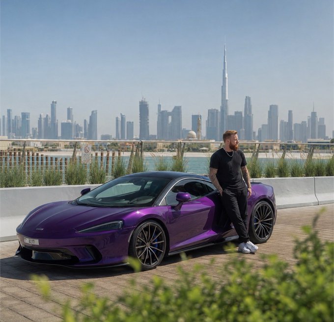 A man in black stands beside a purple sports car, with Dubai’s skyline and the Burj Khalifa in the background. The post’s “Good morning $SOL people—what are we buying today?” suggests a morning crypto-market check against a luxury Dubai backdrop.