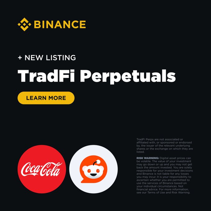 A Binance promotional banner announces new TradFi Perpetuals listings, featuring the Coca-Cola (KO) and Reddit (RDDT) logos, with a "LEARN MORE" button and risk warning disclosure.