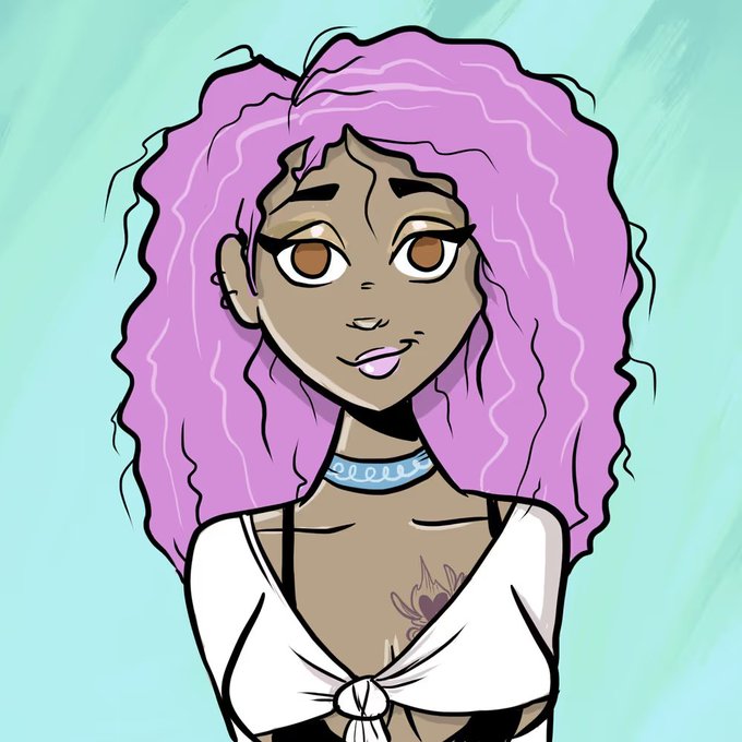 A stylized digital illustration of a woman with voluminous curly lavender hair, brown eyes, and pink lipstick, wearing a white tied top that reveals a floral chest tattoo, against a teal background. The artwork serves as the featured NFT listing at 1.69 ETH for the MetaVixensNFT collection, which includes special ARTdrops and a chance at a 1/1 canvas by artist Ana.