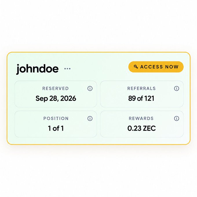 A pale green access card for “johndoe” shows an “ACCESS NOW” button and stats: “RESERVED Sep 28, 2026,” “REFERRALS 89 of 121,” “POSITION 1 of 1,” and “REWARDS 0.23 ZEC.”