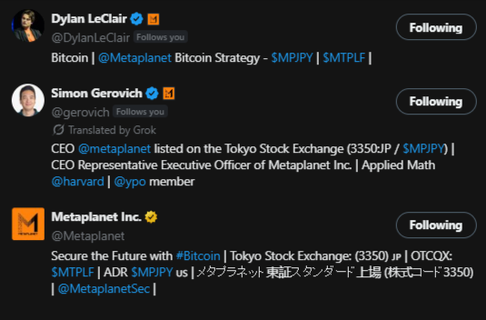A Twitter/X social media feed showing three accounts: Dylan LeClair (@DylanLeClair) posting about Bitcoin and Metaplanet, Simon Gerovich (@gerovich) listed as CEO of Metaplanet, and Metaplanet Inc. (@Metaplanet) promoting their Bitcoin strategy with tickers $MPLPY and $MTPLF.