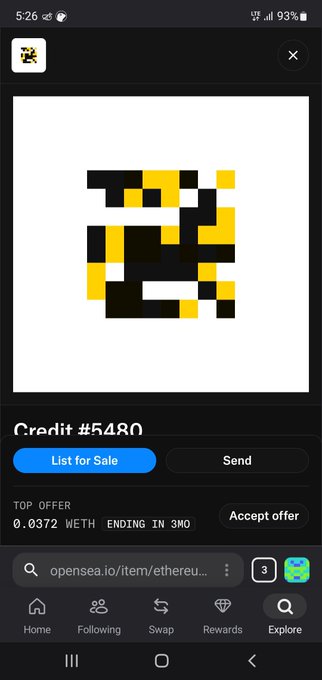A mobile screenshot of an OpenSea NFT listing page displaying a pixelated black and yellow item called 'Credit #5480' with a 'List for Sale' button and a top offer of 0.0372 WETH.