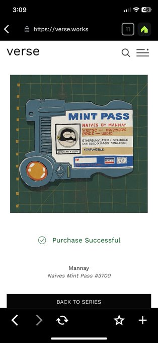 A mobile screenshot from verse.works confirming a 'Purchase Successful' for a 'Naives Mint Pass #3700' by Mannay, showing a stylized ID card graphic.
