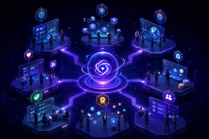 A futuristic digital illustration showing people interacting with holographic displays arranged around a glowing central sphere, representing a decentralized network or blockchain ecosystem.