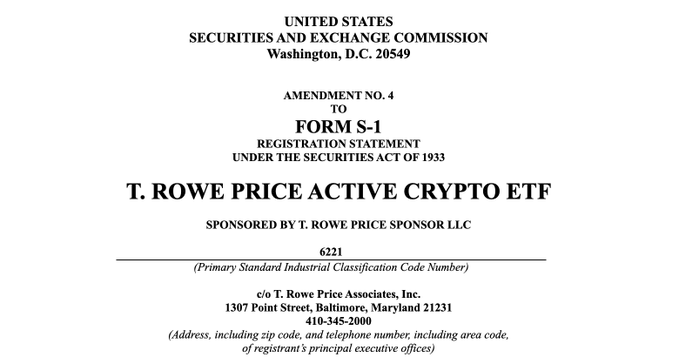 The image shows a white paper with black text, which appears to be a document related to the T- Rowe Price active crypto ETF or a regulatory document concerningcrypto. The focus of this image is on the contents of the paper and what it says about the allocation of funds in the crypto fund.