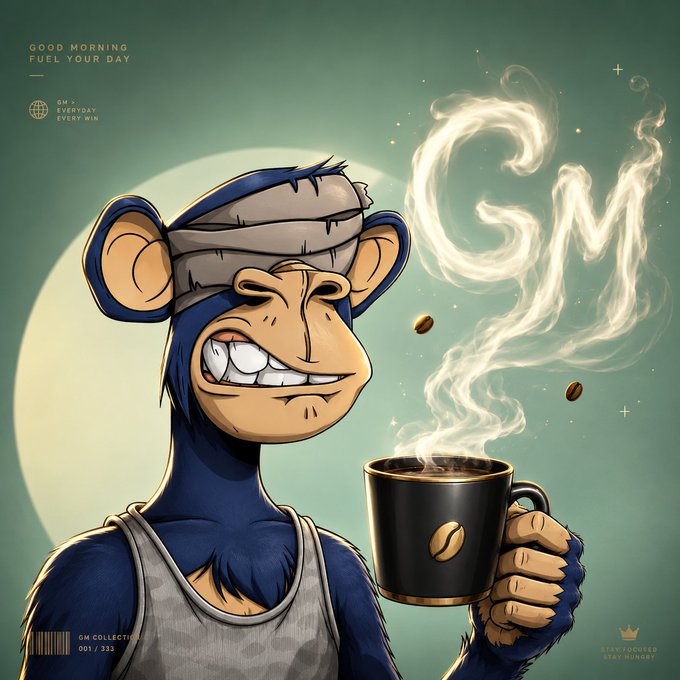 The image features a cartoon monkey holding a cup of coffee, with smoke coming out of the cup. The background shows a green color, which complements the monkey's outfit. The caption below the image reads "Good morning! Fuel your day".