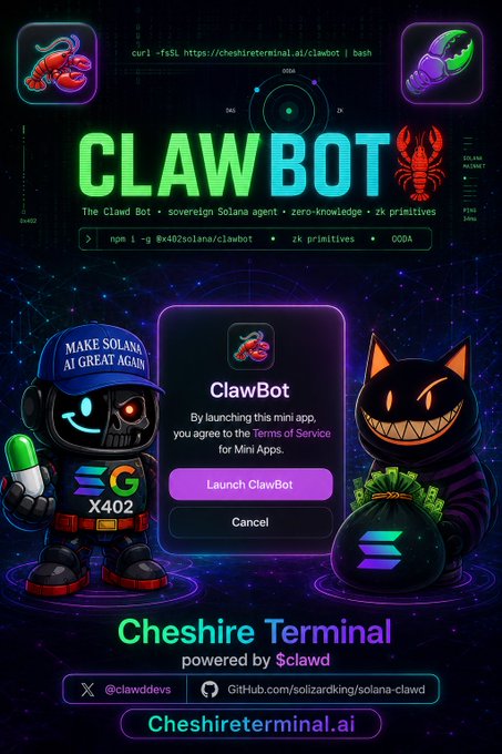 The image is a vibrant promotional graphic for "ClawBot," a sovereign Solana agent launched by launching the mini app, with the accompanying post's inquiry "wtf is a clawd bot?" answered by the tagline "The Clawd Bot • sovereign Solana agent • zero-knowledge • zk primitives" and a "Launch ClawBot" button on the Cheshire Terminal (cheshireterminal.ai), powered by $CLAWD.

Key elements include the npm install command "npm i -g @x402solana/clawbot," GitHub link (solizardking/solana-clawd), social handle @clawddevs, and two cartoon mascot characters—a skull-headed robot in a "Make Solana AI Great Again" hat and a grinning black cat holding a money bag.