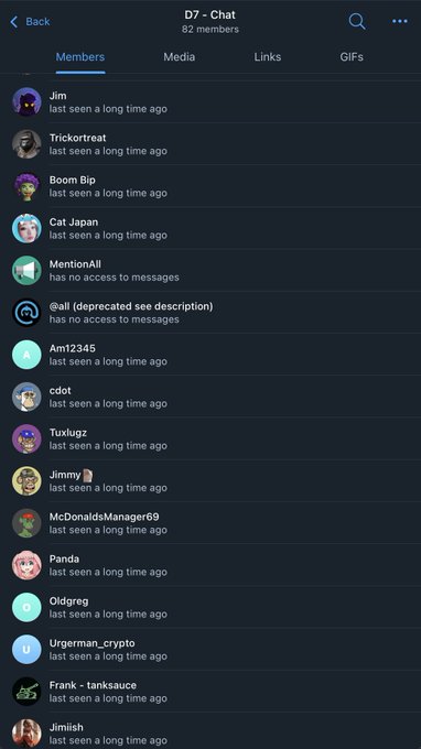 Telegram chat members list for 'D7 - Chat' with 82 members, showing usernames like Jim, Trickortreat, Boom Bip, Cat Japan, and several accounts with 'no access to messages', all 'last seen a long time ago'.