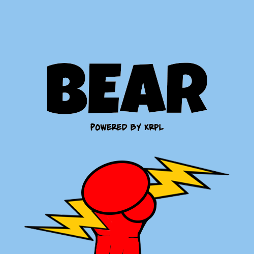 A simple graphic on a light blue background with the word 'BEAR' in large black text, 'POWERED BY XRPL' below, and a red boxing glove punching with yellow lightning bolts.