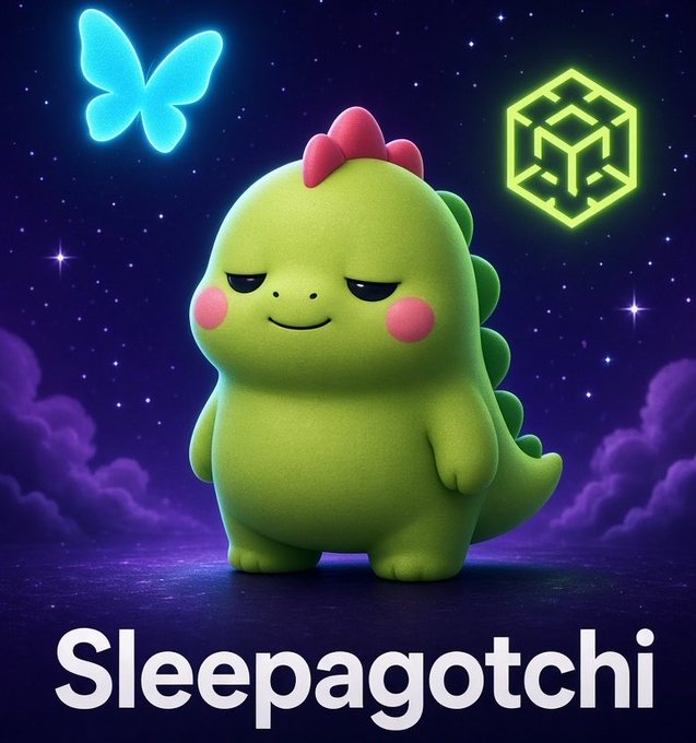 A 3D-rendered cartoon green dinosaur character with rosy cheeks and red spikes stands against a starry purple background, flanked by a glowing blue butterfly and a green geometric cube, with the text 'Sleepagotchi' below.