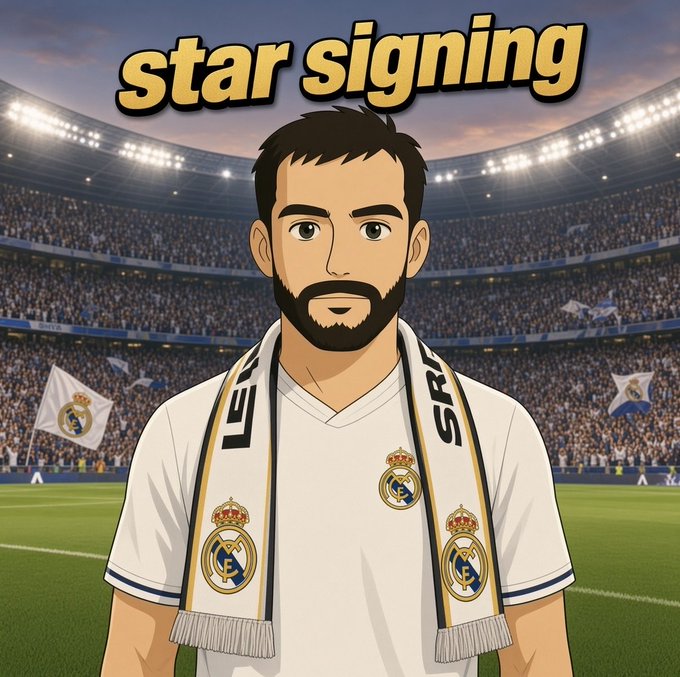 The image is an anime-style illustration titled "star signing" showing a bearded man wearing a white Real Madrid jersey and matching scarf with club crests, standing in front of a packed stadium with Real Madrid flags waving in the background. The cartoon serves as a playful visual for the post, framing the author's switch to trading on the @realmadrid platform as a major "signing" or transfer announcement.