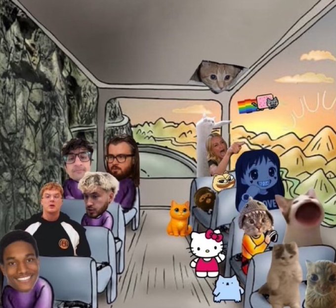 A digital collage combining the Nyan Cat meme with various internet personalities, cats, and a llama in a hand-drawn, psychedelic vehicle interior.