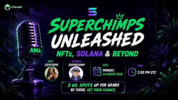 The image is a promotional graphic for a "SuperChimps Unleashed: NFTs, Solana & Beyond" AMA hosted by ChimpX, featuring a vintage microphone on a neon-lit jungle background. It announces the event with host Cryptopie and speaker Superchimp on Monday, 24 August 2026 at 2:00 PM UTC, highlighting 3 whitelist spots as a giveaway incentive.