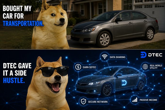 A meme featuring the Doge meme contrasts two scenarios: the top shows the doge with a gray sedan and the text 'BOUGHT MY CAR FOR TRANSPORTATION.', while the bottom shows the doge with sunglasses next to a glowing car and the text 'DTEC GAVE IT A SIDE HUSTLE.', along with icons for 'EARN $DTEC', 'DATA SHARING', 'REAL WORLD UTILITY', 'SECURE NETWORK', and 'PASSIVE INCOME'.