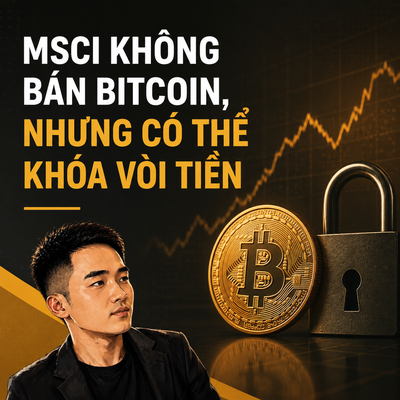 The image features a young man in a black jacket beside a golden Bitcoin coin and padlock against a dark background with an upward-trending chart, with bold Vietnamese text reading "MSCI KHÔNG BÁN BITCOIN, NHƯNG CÓ THỂ KHÓA VỒI TIỀN" (MSCI doesn't sell Bitcoin, but could turn off the money tap). This visually reinforces the post's central theme that while MSCI isn't directly selling Bitcoin, its actions could restrict capital flows and contribute to market pressure, amplifying the price decline from $126,000 to around $80,000.