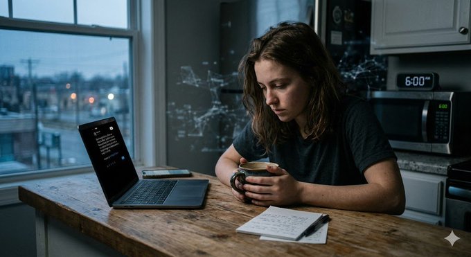 The image shows a woman sitting at a kitchen table with an open laptop, holding a coffee cup, and surrounded by various papers and books. The scene suggests that she might be working or studying from home while enjoying her coffee. The photo also includes a clock on the wall in the background, indicating the time of day. The post seems to be discussing trust issues within relationships, which could be related to the woman's situation as she navigates her work or study life at home.