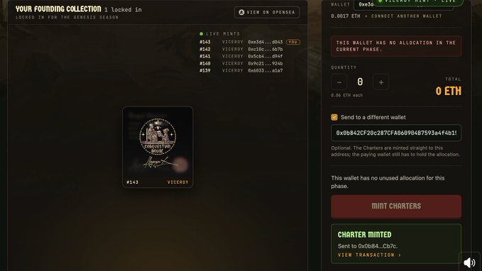 A screenshot of a Web3 dashboard for a 'VICEROY' NFT collection, showing a locked founding collection, live mints, and a wallet panel indicating 'NO ALLOCATION IN THE CURRENT PHASE' with a 'CHARTER MINTED' notification.