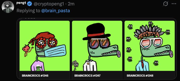 A tweet from peng1 (@cryptopeng1) replying to @brain_pasta showing three Braincrocs NFT images (#1246, #1247, #1248) featuring cartoon crocodiles with different accessories on green backgrounds.
