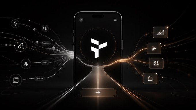 The image features a smartphone with an icon of a tree on its screen. The phone's interface displays various icons related to cryptocurrency, such as wallets, gas bridges, chains, tabs, and more. These icons are scattered across the device's surface, indicating that the user is exploring different aspects of the crypto world. The post about the app seems to be promoting an alternative way of using the app by focusing on its user-friendly interface rather than diving into the complexities of cryptocurrency trading or spending.