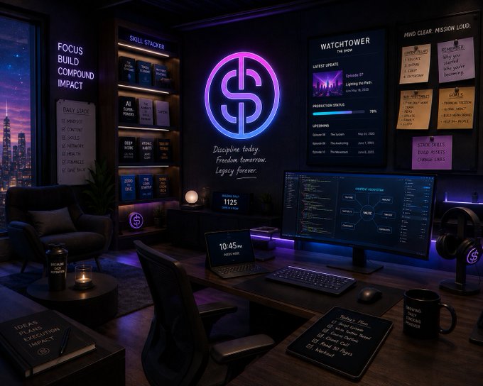 AI-themed dark office setup with neon purple lighting, a large 'S' logo, motivational text including 'FOCUS BUILD COMPOUND IMPACT' and 'Discipline today. Freedom tomorrow. Legacy forever.', featuring multiple monitors, a laptop showing 10:45, and a city skyline view.