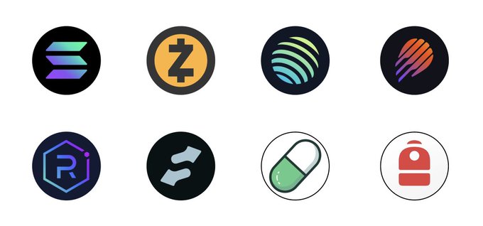 The image displays eight cryptocurrency logos, including Solana ($SOL), Zcash ($ZEC), Jupiter ($JUP), Meteora ($MET), Raydium ($RAY), Backpack ($BP), and two memecoins, visually representing the trader's diverse portfolio of bets highlighted in the post.