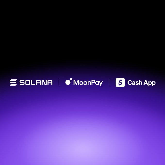 A promotional graphic on a purple gradient background showing logos for Solana, MoonPay, and Cash App.