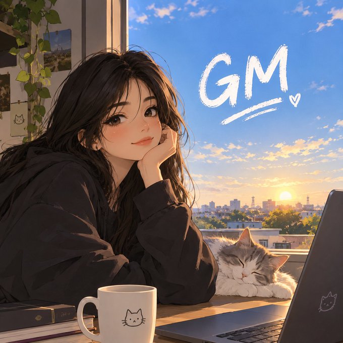An anime-style illustration of a dark-haired girl in a black hoodie, gazing dreamily by a window at a sunset cityscape, with a sleeping cat, a laptop, and a "GM" greeting written in the sky.
