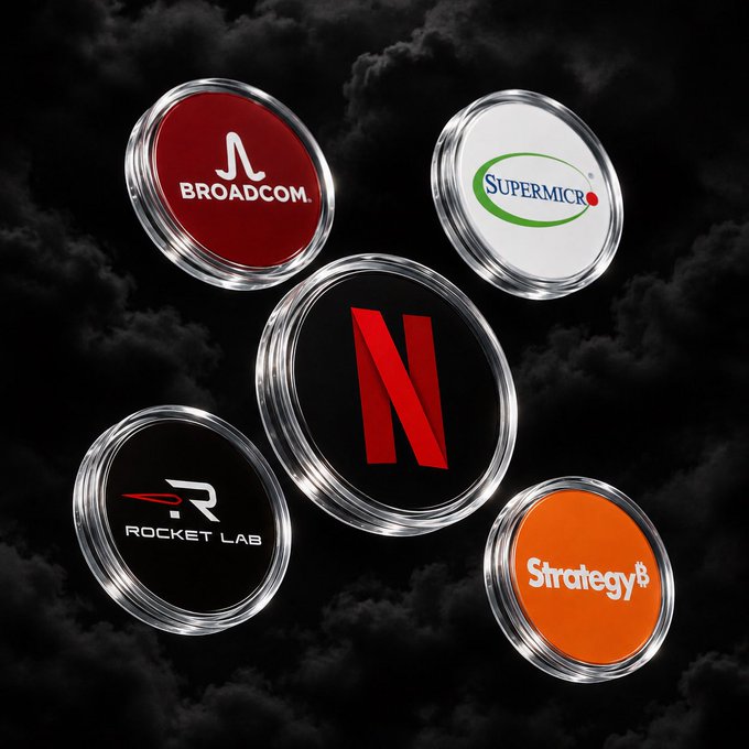 Five circular metallic tokens or coins displaying logos for Broadcom, Supermicro, Netflix, Rocket Lab, and Strategy against a dark cloudy background.