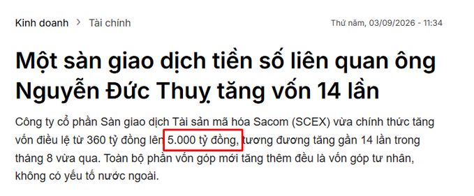 A Vietnamese news article titled 'Một sàn giao dịch tiền số liên quan ông Nguyễn Đức Thụy tăng vốn 14 lần' about Sacom (SCEX) increasing its charter capital to 5.000 tỷ đồng, nearly 14 times in August, with the highlighted figure '5.000 tỷ đồng' boxed in red.