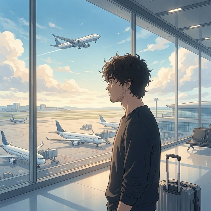 A young man with messy dark hair stands at an airport window, watching a plane take off while a suitcase rests beside him, capturing the essence of embarking on a new journey. The image parallels the post's message of accessible opportunity and smooth take-off, symbolizing how $QUANT's low-barrier creator campaign allows anyone to easily begin their journey toward earning weekly crypto rewards.