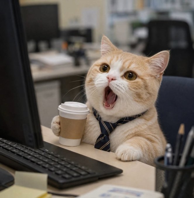 An orange and white cat wearing a striped tie sits at an office desk with a coffee cup, a keyboard, and a monitor, appearing to shout in surprise.