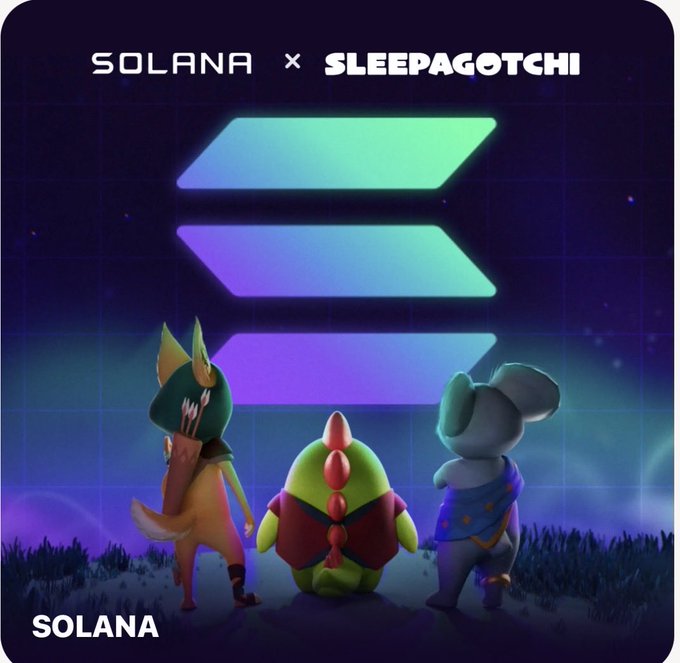 Promotional graphic for "SOLANA x SLEEPAGOTCHI" featuring three cartoon animal characters viewing a glowing Solana logo against a starry night sky.