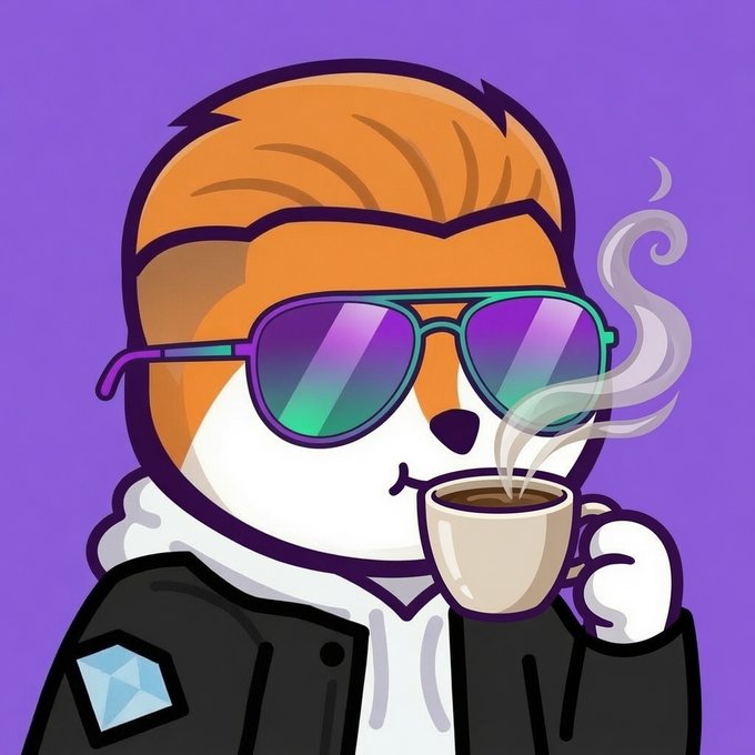 A cartoon Shiba Inu dog wearing sunglasses and a jacket holds a steaming cup of coffee against a purple background.