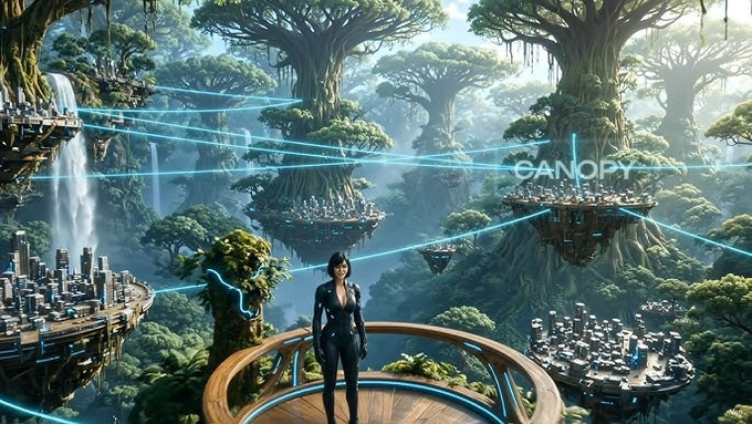 A futuristic scene shows a woman in a black outfit standing on a circular platform overlooking a sci-fi forest city called 'CANOPY', featuring massive trees connected by glowing blue laser beams and floating buildings.