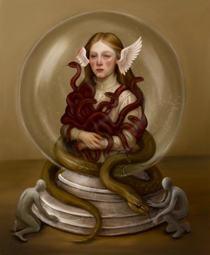 A young winged figure with a pale face sits inside a glass snow globe, entwined with red and green snakes, resting on a classical pedestal flanked by two small cherub-like figures. The surreal, dreamlike composition complements the celebratory post, presenting the artwork as a meaningful gift honoring a friend's support and birthday.