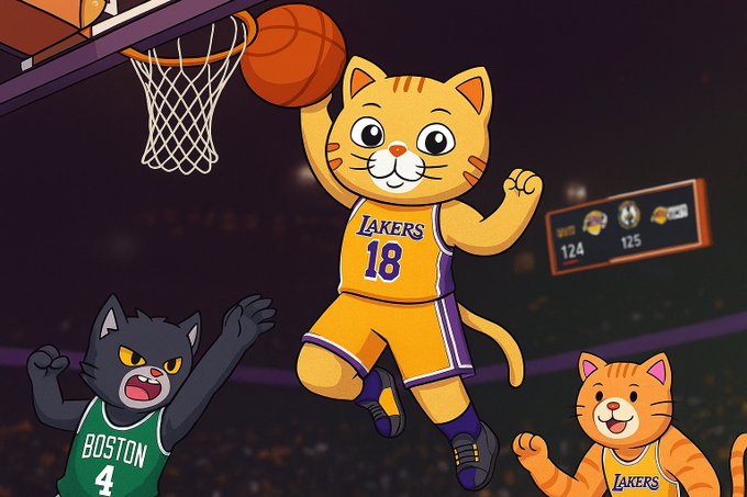 The image features three cartoon cats dressed up as basketball players, with one cat wearing a yellow jersey and holding a basketball while another cat wears an orange jersey and also holds a basketball. The third cat has a green jersey and is depicted jumping into the air. In the background, there are two basketball hoop displays, indicating that this scene takes place in a basketball court setting.